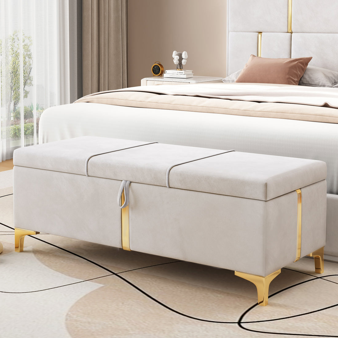 Elegant Upholstered Storage Ottoman,Storage Bench With Metal Legs For Bedroom,Living Room,Fully Assembled Except Legs,Beige Beige Velvet