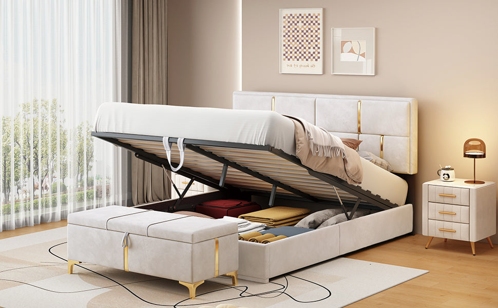 2 Pieces Bedroom Sets,Queen Size Upholstered Platform Bed With Hydraulic Storage System,Storage Ottoman With Metal Legs,Beige Beige Velvet