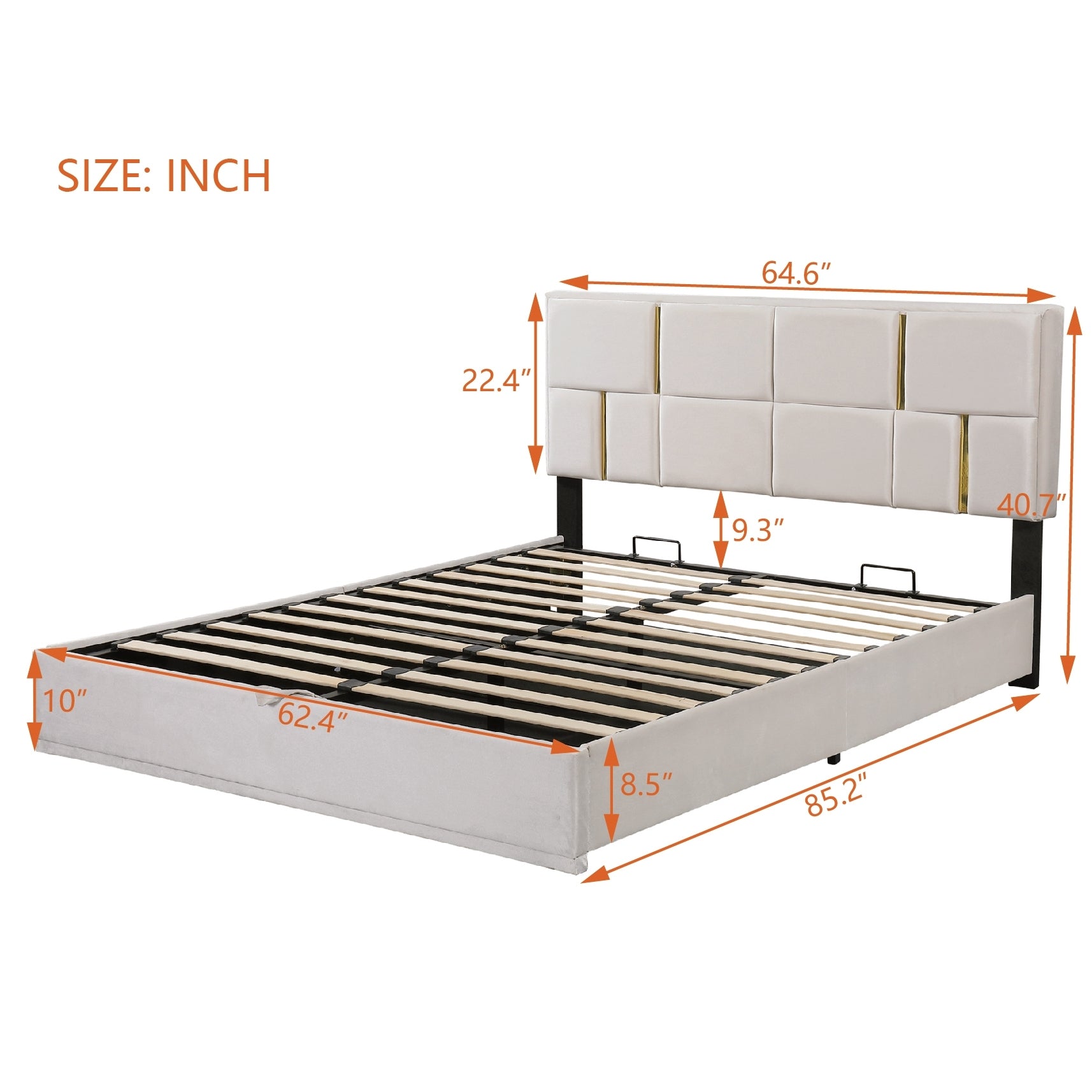 2 Pieces Bedroom Sets,Queen Size Upholstered Platform Bed With Hydraulic Storage System,Storage Ottoman With Metal Legs,Beige Beige Velvet