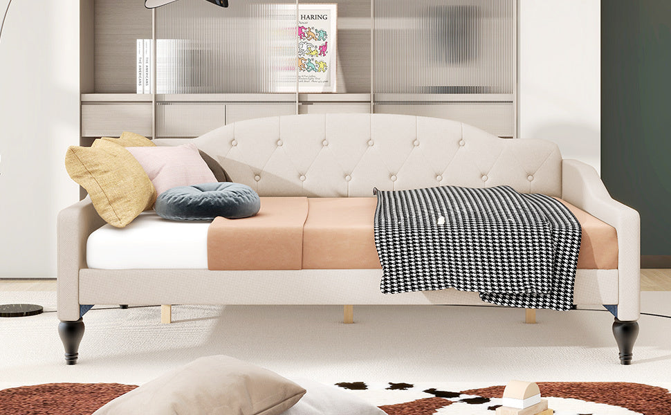 Full Size Upholstered Tufted Daybed, Beige Box Spring Not Required Beige Wood Linen Upholstered