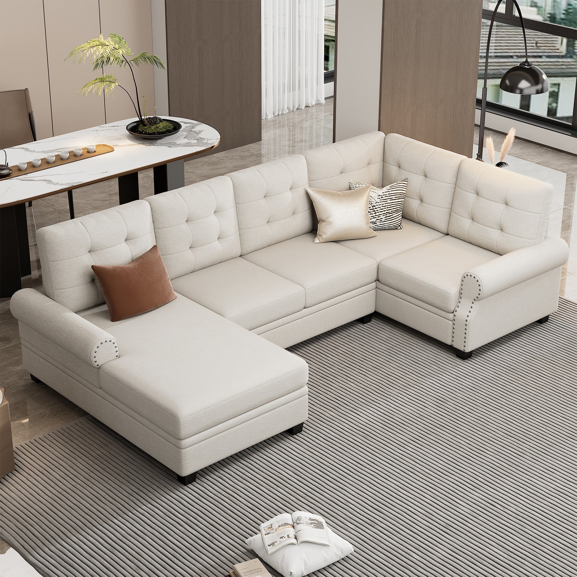 120" Modern U Shaped Corner Sectional Sofa Upholstered Linen Fabric Sofa Couch For Living Room, Bedroom, Beige Beige Foam Linen