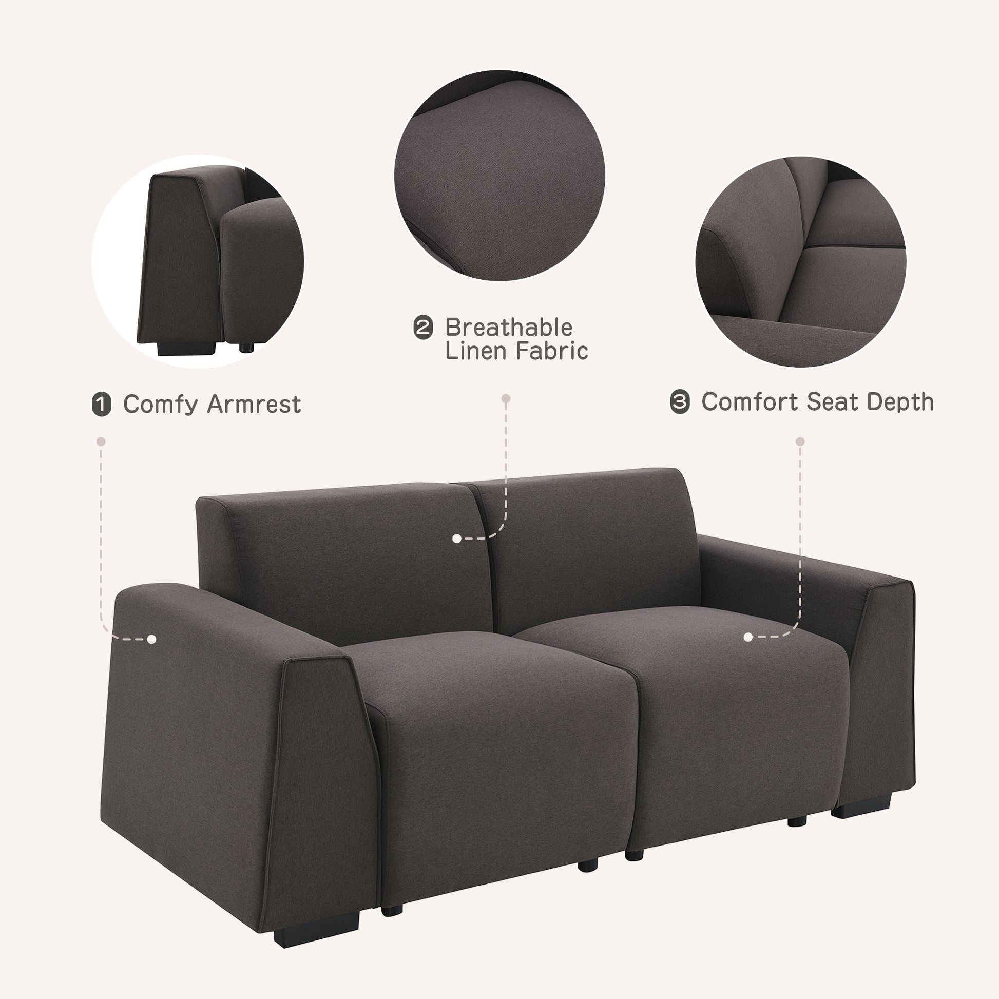 71*35.5" Modern Linen Fabric Sofa,Stylish And Minimalist 2 3 Seat Couch,Easy To Install,Exquisite Loveseat With Wide Armrests For Living Room,Bedroom,Apartment,Office,2 Colors Dark Brown Linen 2 Seat