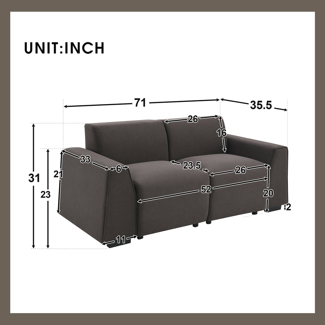 71*35.5" Modern Linen Fabric Sofa,Stylish And Minimalist 2 3 Seat Couch,Easy To Install,Exquisite Loveseat With Wide Armrests For Living Room,Bedroom,Apartment,Office,2 Colors Dark Brown Linen 2 Seat