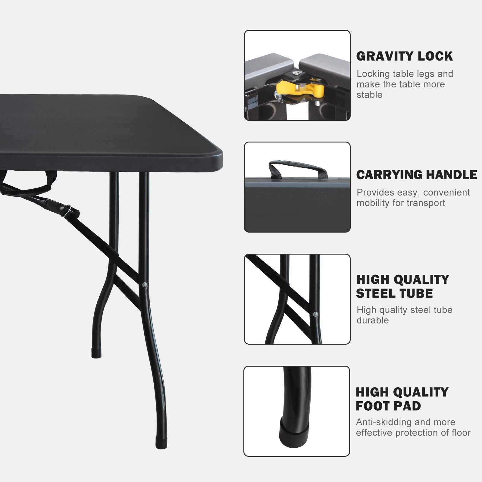 6Ft Folding Table, Portable Plastic Table For Camping, Picnics, Parties, High Load Bearing Foldable Table Black Black Iron Plastic