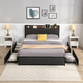 Queen Bed Frame, Storage Headboard With Charging Station, Solid And Stable, Noise Free, No Box Spring Needed, Easy Assembly Queen Antique Dark Grey Metal Bedroom Bed Frame Metal & Wood