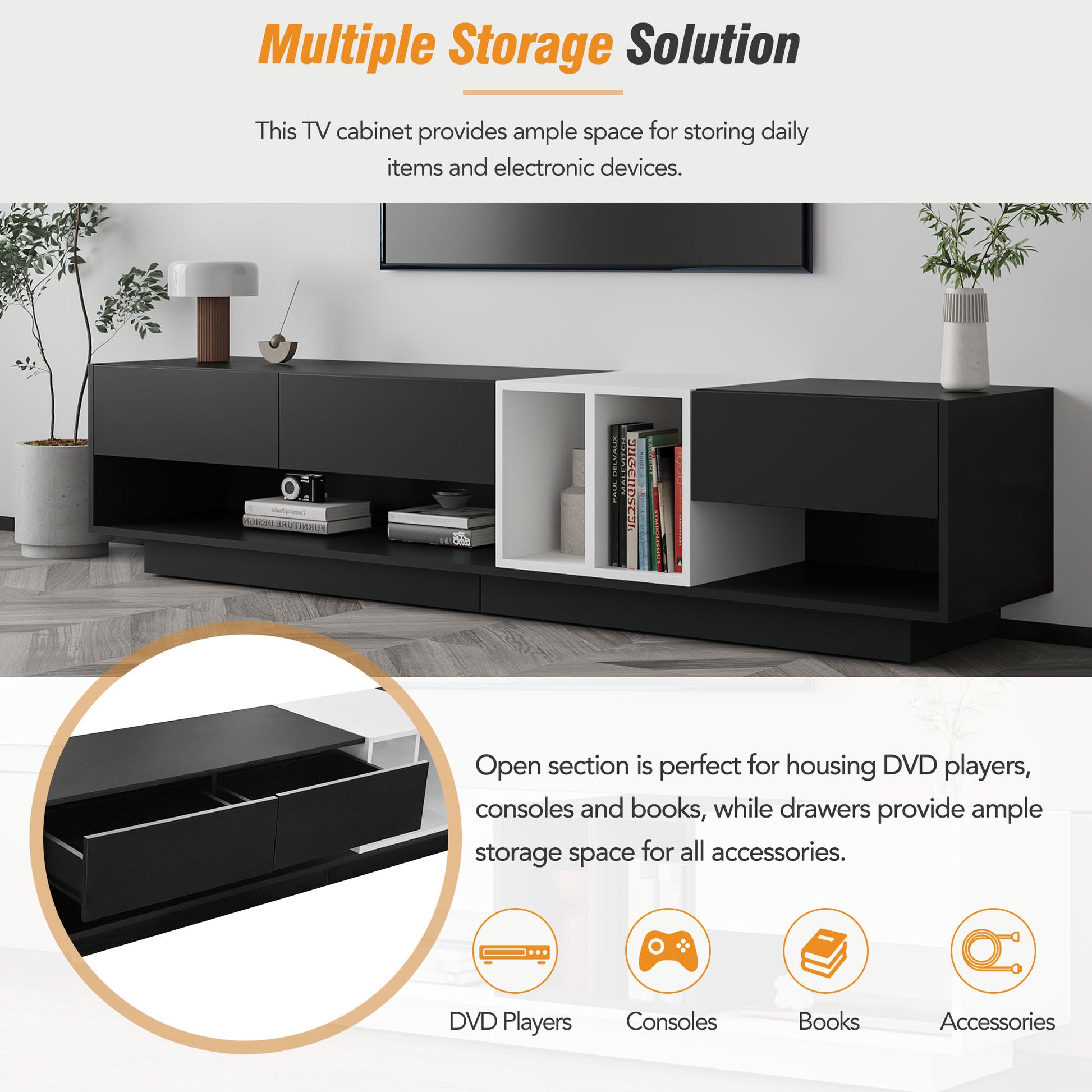 Sleek And Stylish Tv Stand With Perfect Storage Solution, Two Tone Media Console For Tvs Up To 80'', Functional Tv Cabinet With Versatile Compartment For Living Room, Black Black Primary Living Space Particle Board