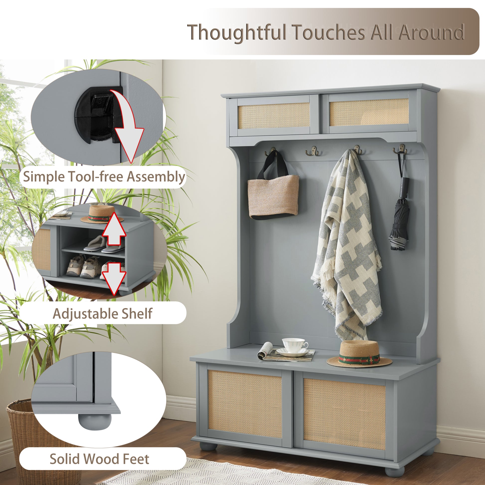 Casual Style Hall Tree Entryway Bench With Rattan Door Shelves And Shoe Cabinets, Solid Wood Feet, Gray, 40.16"W*18.58"D*64.17"H Gray Mdf