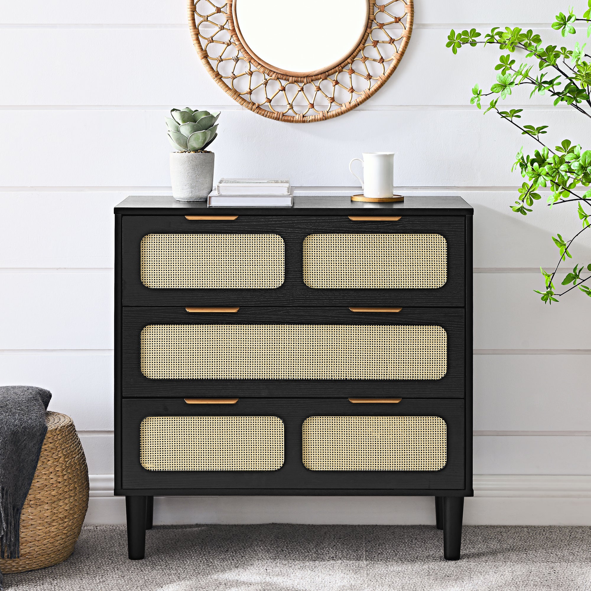 3 Drawer Dresser, Modern Rattan Dresser Cabinet With Wide Drawers And Metal Handles, Farmhouse Wooden Storage Chest Of Drawers For Room, Living Room, Hallway, Entrance, Office Black Solid Wood Mdf