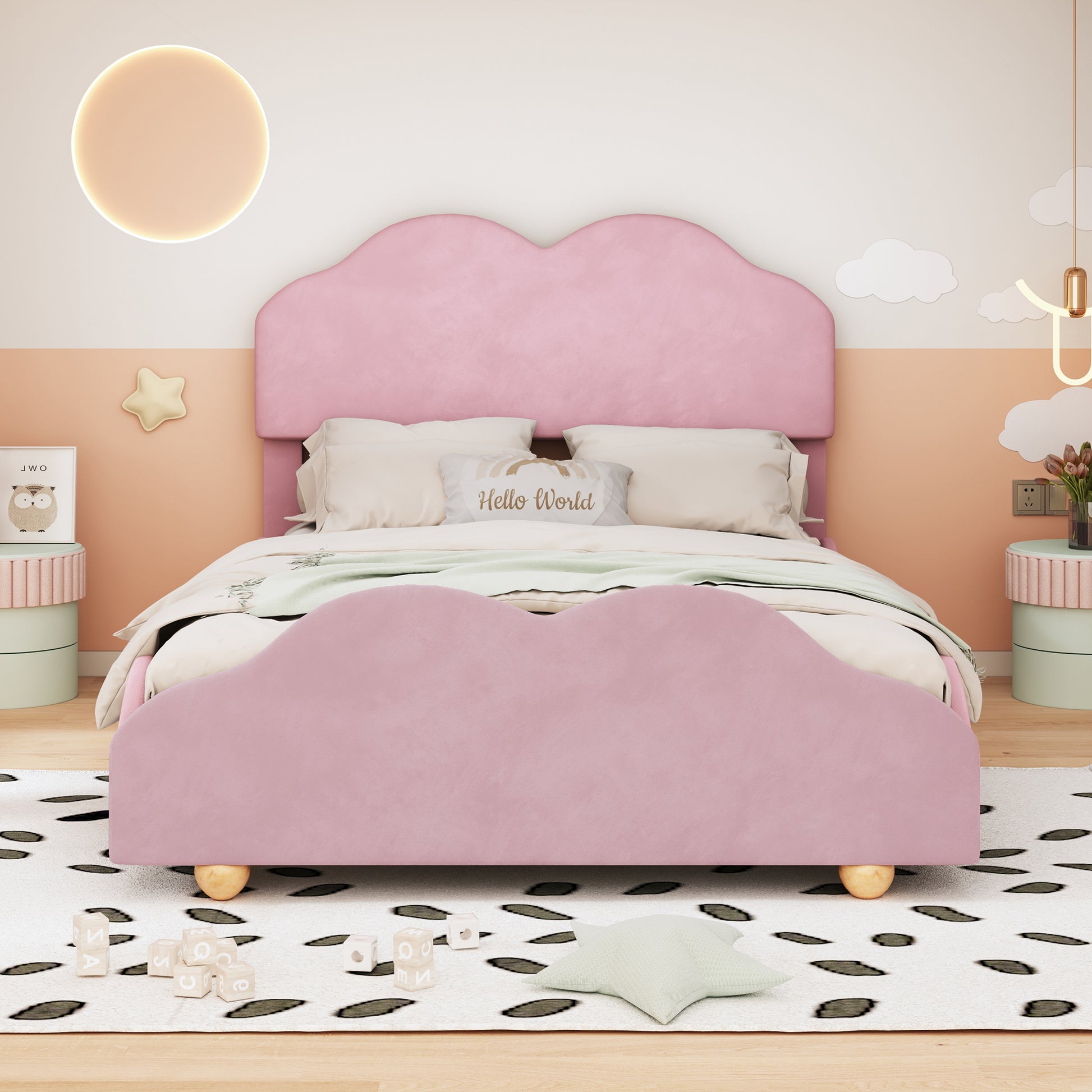 Full Size Upholstered Platform Bed With Cloud Shaped Bed Board, Light Pink Light Pink Velvet