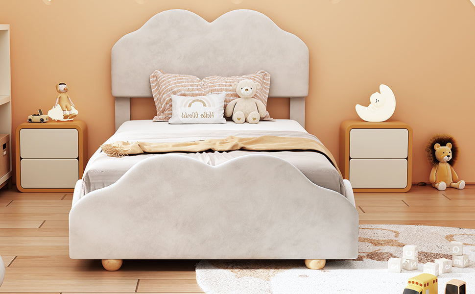 Twin Size Upholstered Platform Bed With Cloud Shaped Bed Board, Beige Beige Velvet