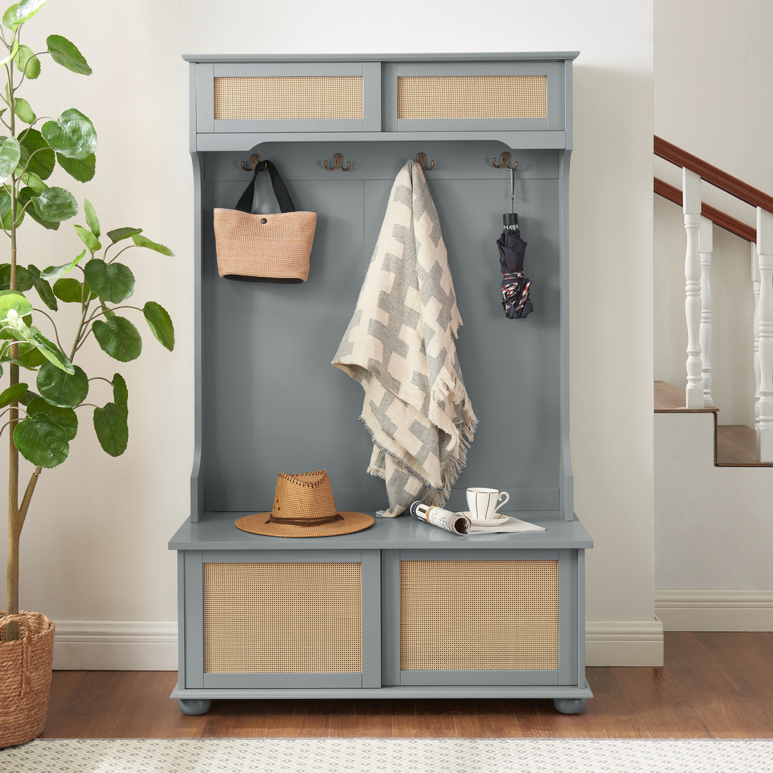 Casual Style Hall Tree Entryway Bench With Rattan Door Shelves And Shoe Cabinets, Solid Wood Feet, Gray, 40.16"W*18.58"D*64.17"H Gray Mdf