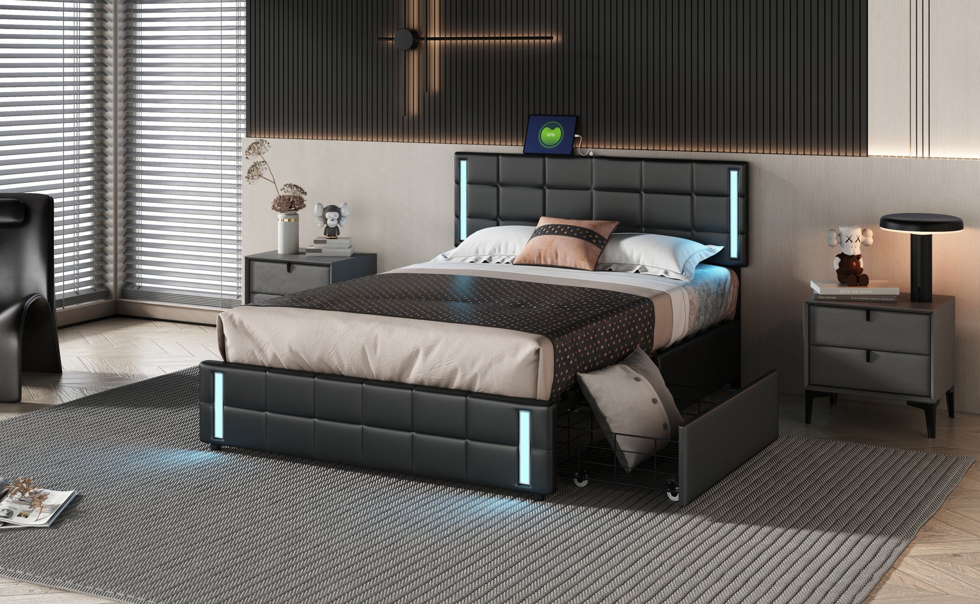 Queen Size Upholstered Platform Bed With Led Lights And Usb Charging, Storage Bed With 4 Drawers, Black Old Sku:Wf302558Aab Black Pu