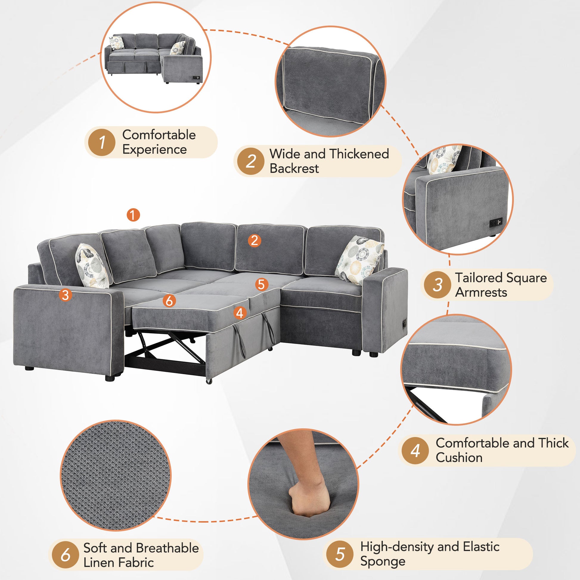 83" L Shaped Pull Out Sofa Bed Modern Convertible Sleeper Sofa With 2 Usb Ports, 2 Power Sockets And 3 Pillows For Living Room, Bedroom, Office, Gray Gray Foam Linen