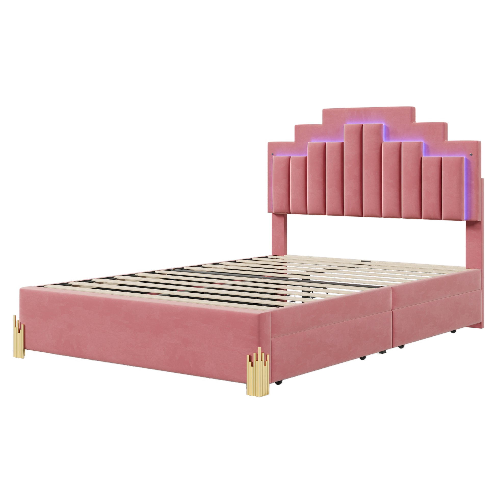 Full Size Upholstered Platform Bed With Led Lights And 4 Drawers, Stylish Irregular Metal Bed Legs Design, Pink Pink Velvet