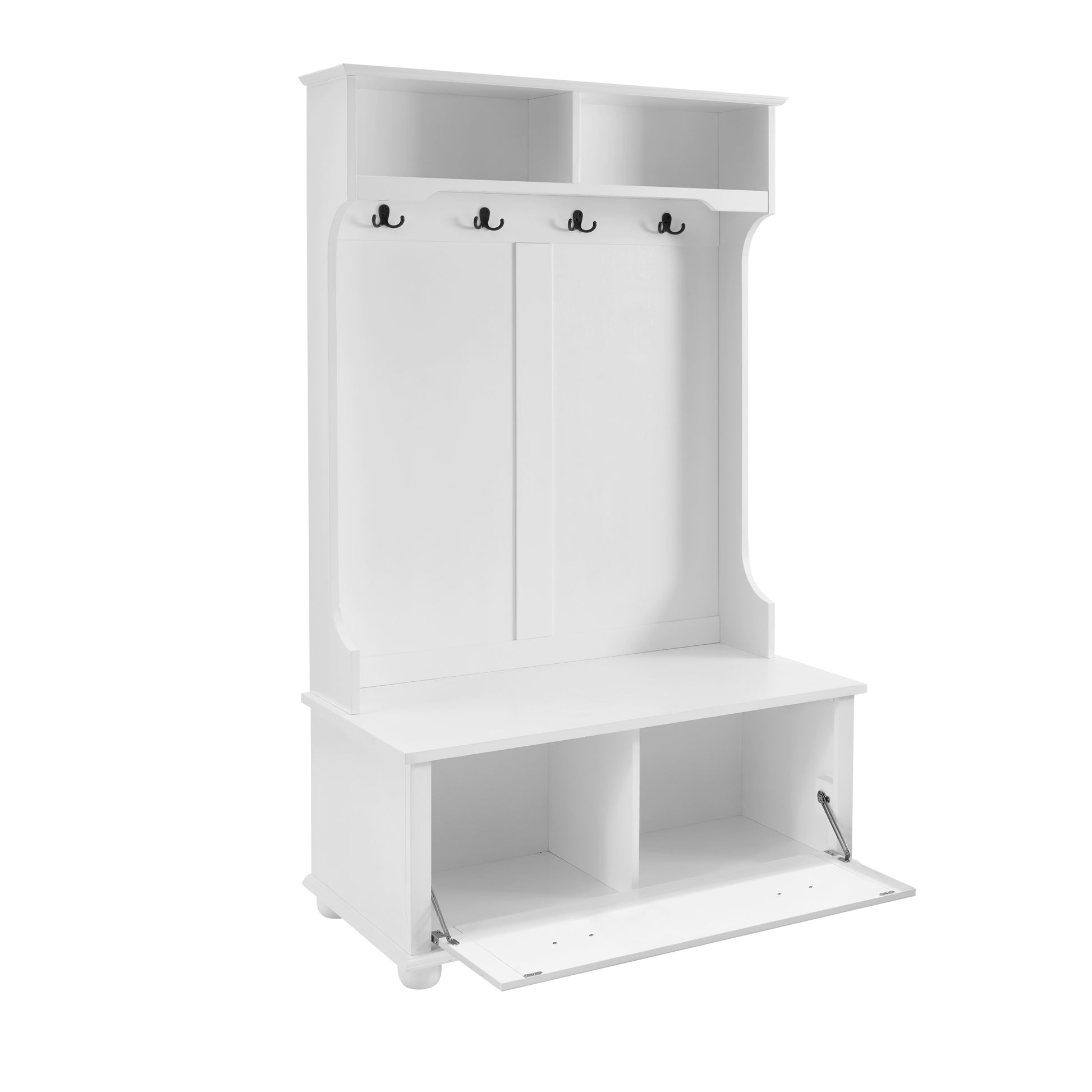 Classic Cosatal Style Hall Tree Entryway Bench With Open Shelves And Shoe Cabinets, Solid Wood Feet, White, 40.16"W*18.58"D*64.17"H White Mdf