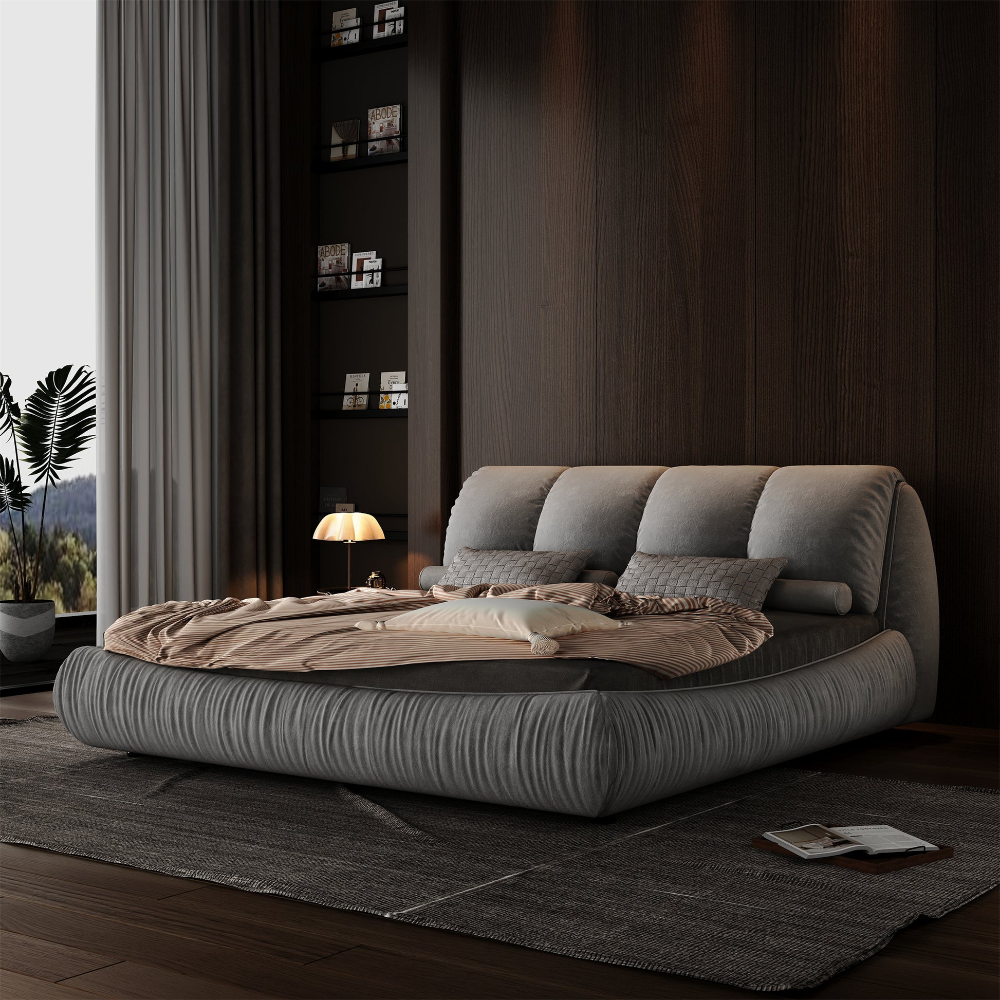 Queen Size Upholstered Platform Bed With Oversized Padded Backrest, Thickening Pinewooden Slats And Solid Wood Leg,Grey Queen Grey Pine Solid Wood