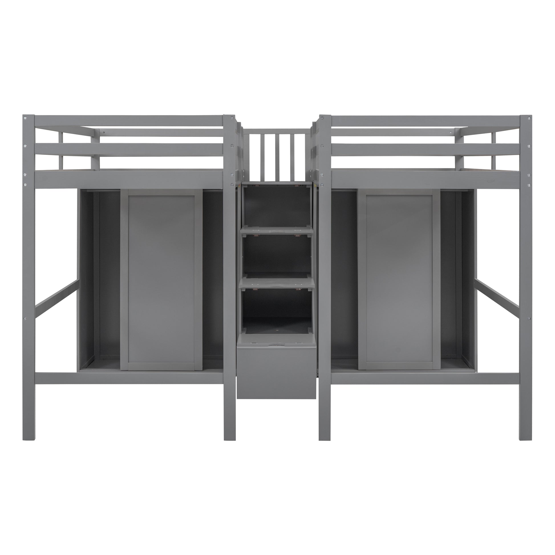 Double Twin Loft Beds With Wardrobes And Staircase, Gray Gray Solid Wood Mdf