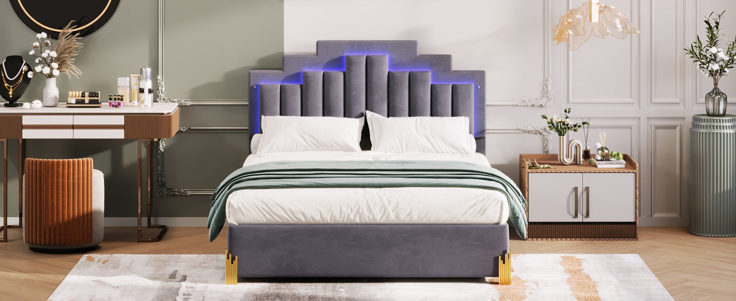 Queen Size Upholstered Platform Bed With Led Lights And 4 Drawers, Stylish Irregular Metal Bed Legs Design, Gray Gray Velvet