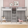 Double Twin Loft Beds With Wardrobes And Staircase, Gray Gray Solid Wood Mdf