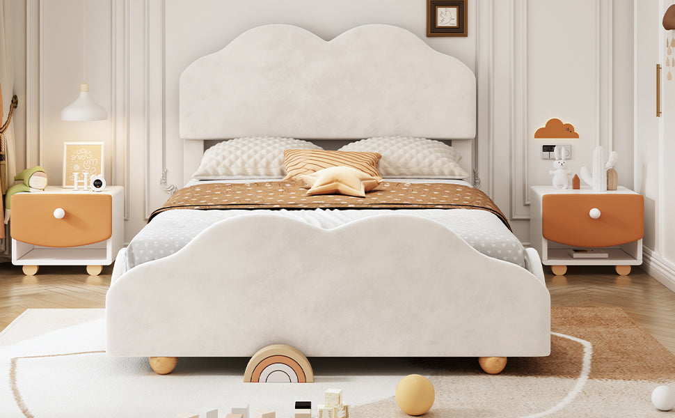 Full Size Upholstered Platform Bed With Cloud Shaped Bed Board, Beige Beige Velvet