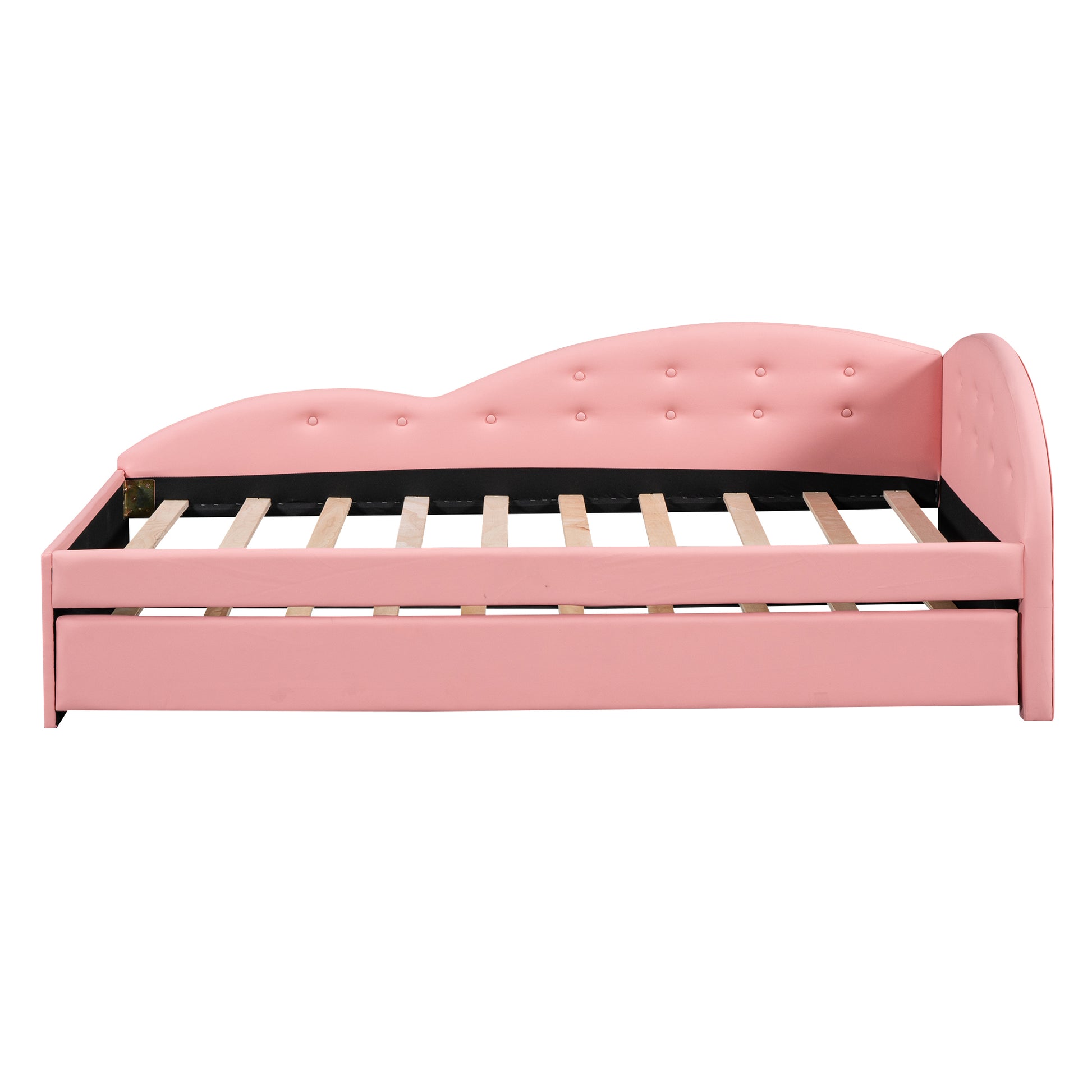 Twin Size Pu Upholstered Tufted Daybed With Trundle And Cloud Shaped Guardrail, Pink Box Spring Not Required Twin Pink Wood Faux Leather Upholstered