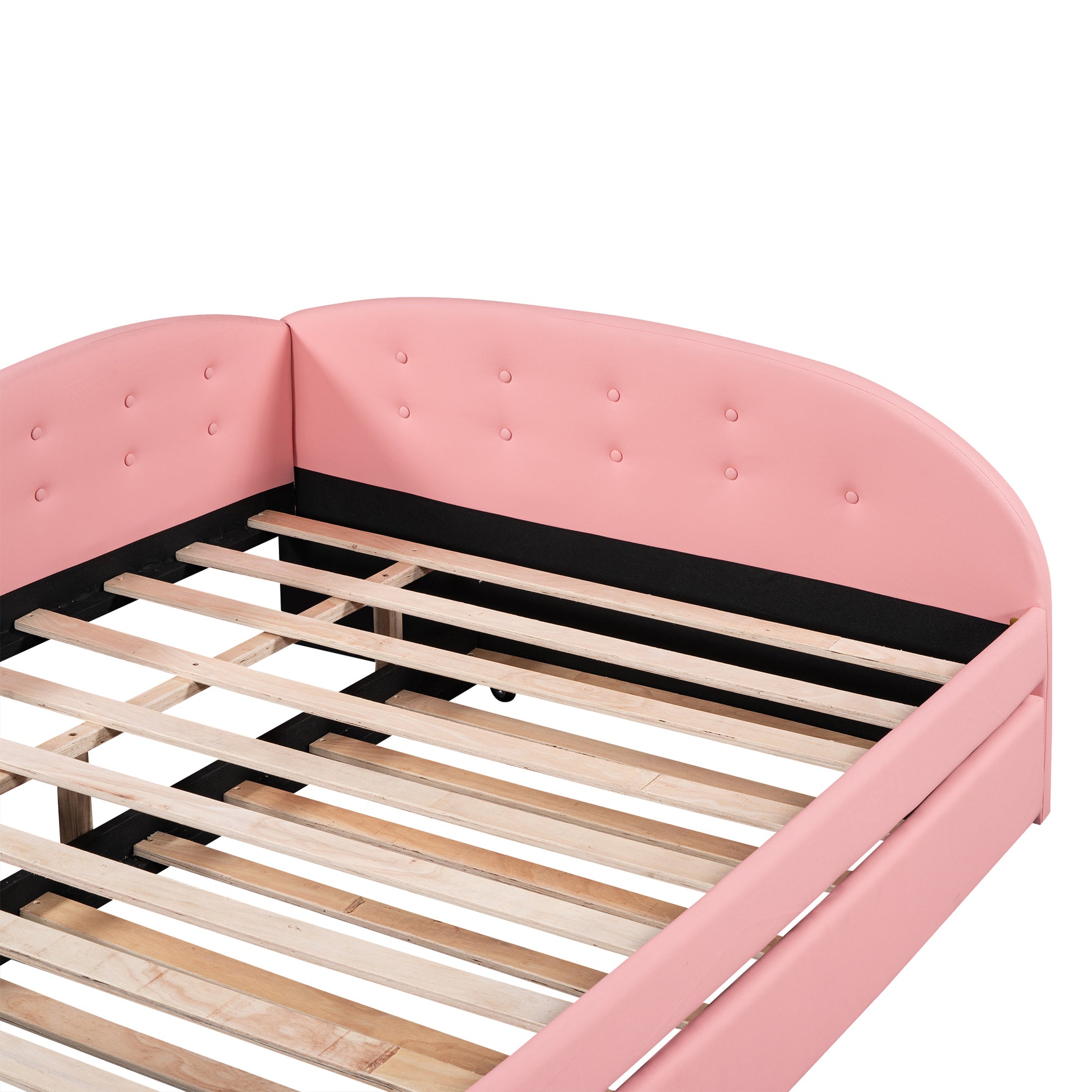 Full Size Pu Upholstered Tufted Daybed With Trundle And Cloud Shaped Guardrail, Pink Box Spring Not Required Full Pink Wood Daybeds Faux Leather Upholstered