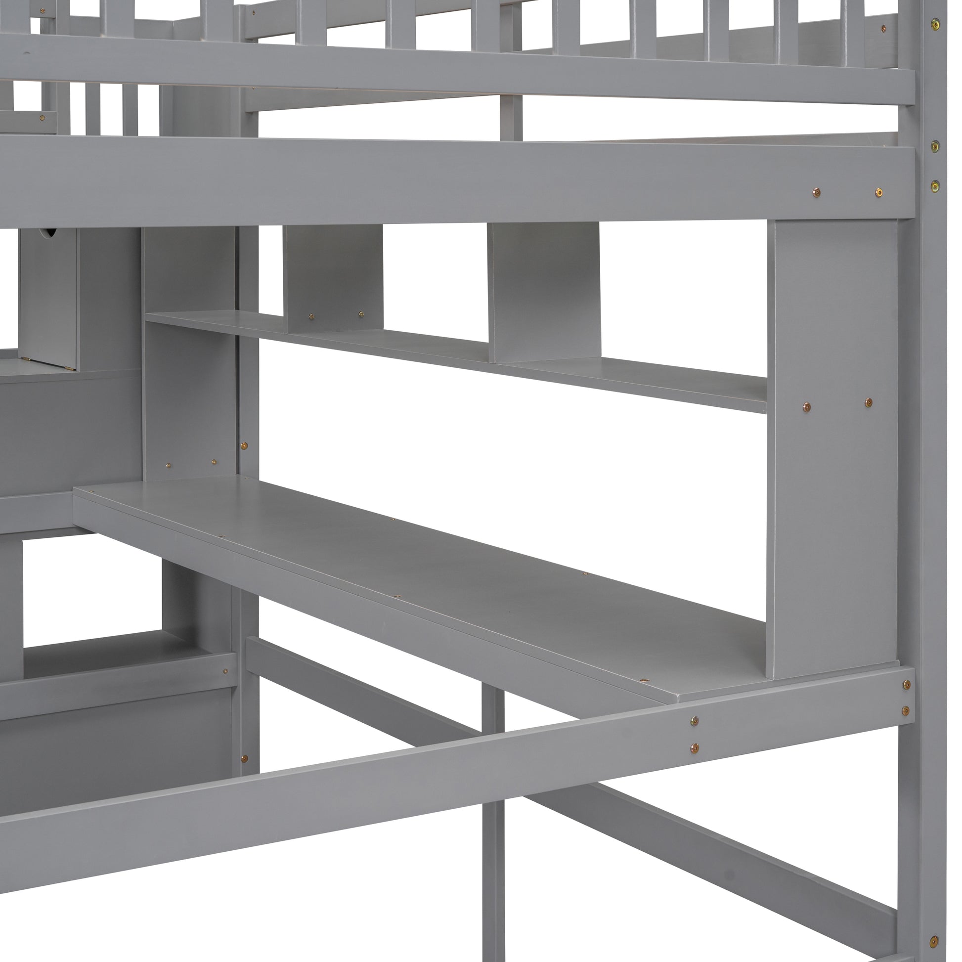 Full Size Loft Bed With Built In Desk, Bookshelves And Storage Staircase,Grey Old Sku:W504S00109 Full Grey Pine