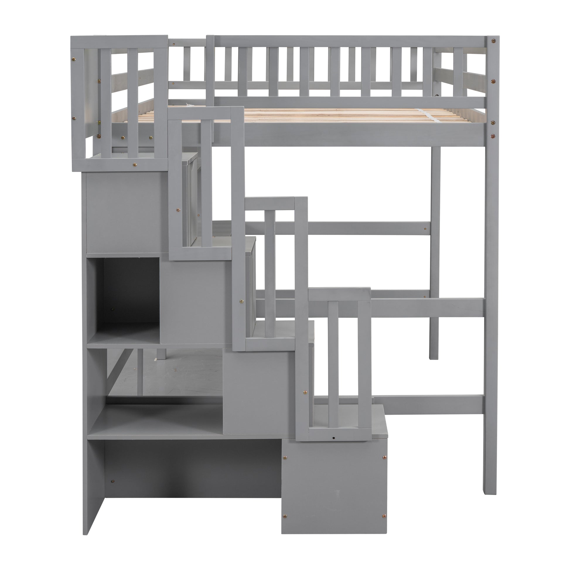 Full Size Loft Bed With Built In Desk, Bookshelves And Storage Staircase,Grey Old Sku:W504S00109 Full Grey Pine