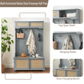 Casual Style Hall Tree Entryway Bench With Rattan Door Shelves And Shoe Cabinets, Solid Wood Feet, Gray, 40.16