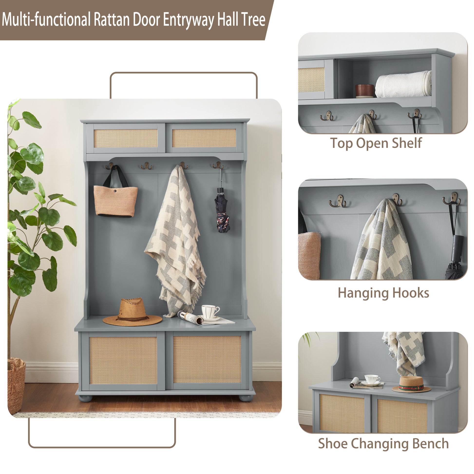 Casual Style Hall Tree Entryway Bench With Rattan Door Shelves And Shoe Cabinets, Solid Wood Feet, Gray, 40.16"W*18.58"D*64.17"H Gray Mdf