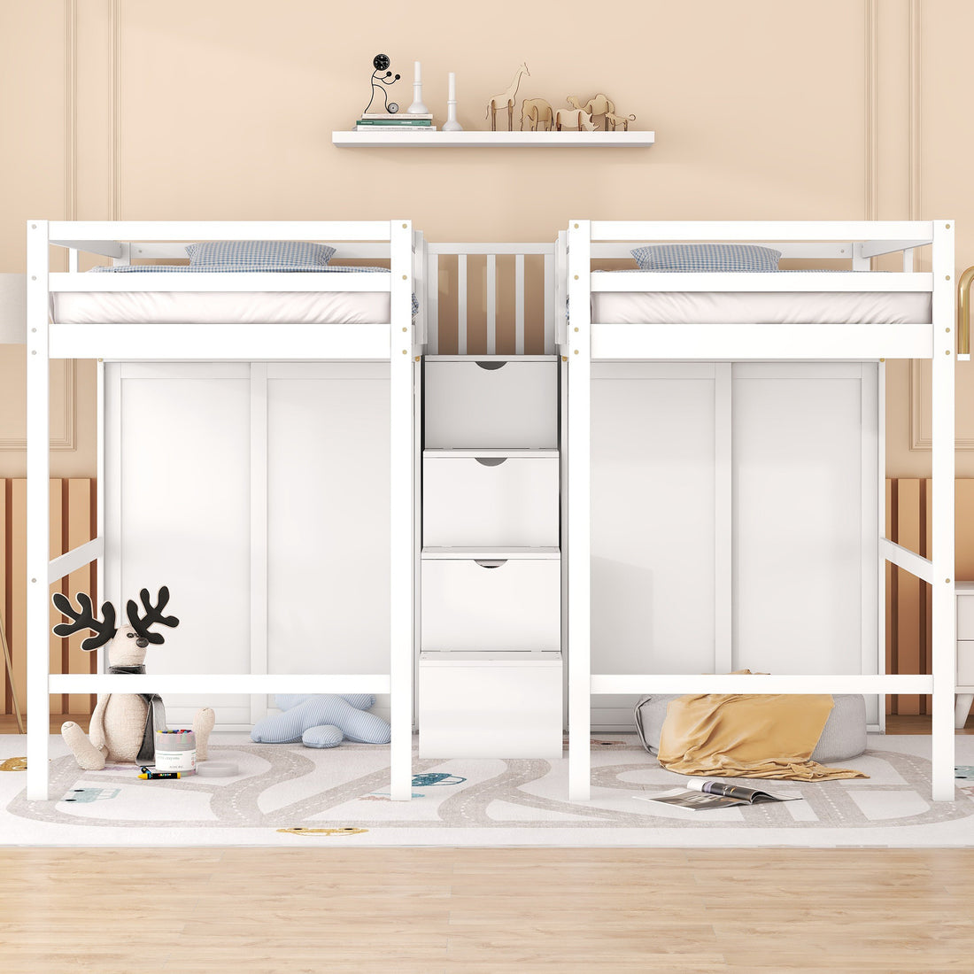 Double Twin Loft Beds With Wardrobes And Staircase, White White Solid Wood Mdf