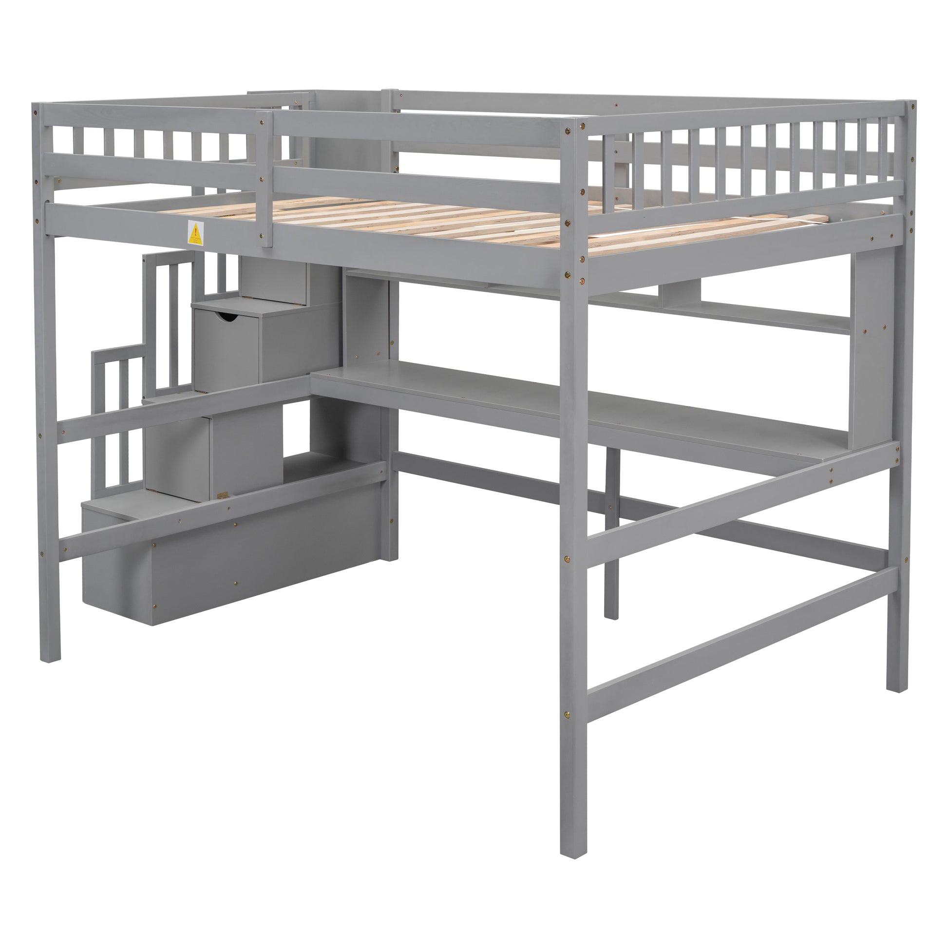 Full Size Loft Bed With Built In Desk, Bookshelves And Storage Staircase,Grey Old Sku:W504S00109 Full Grey Pine