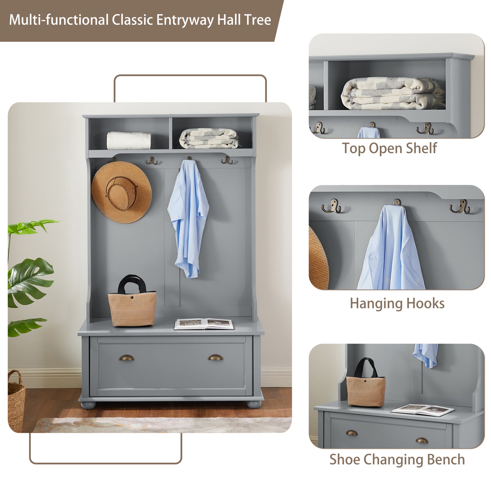 Classic Cosatal Style Hall Tree Entryway Bench With Open Shelves And Shoe Cabinets, Solid Wood Feet, Gray, 40"W*18.5"D*64.5"H Gray Mdf