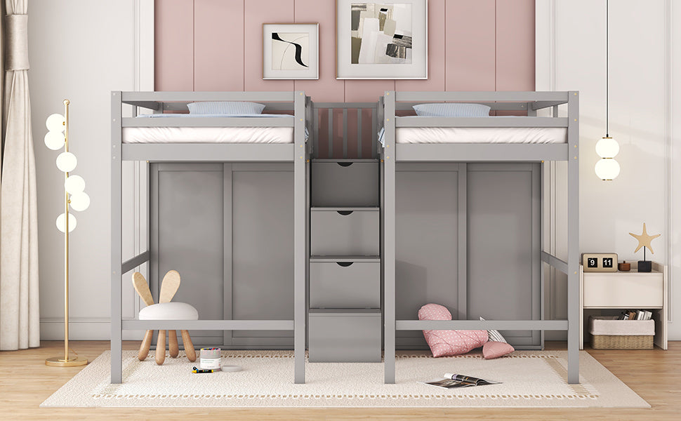 Double Twin Loft Beds With Wardrobes And Staircase, Gray Gray Solid Wood Mdf