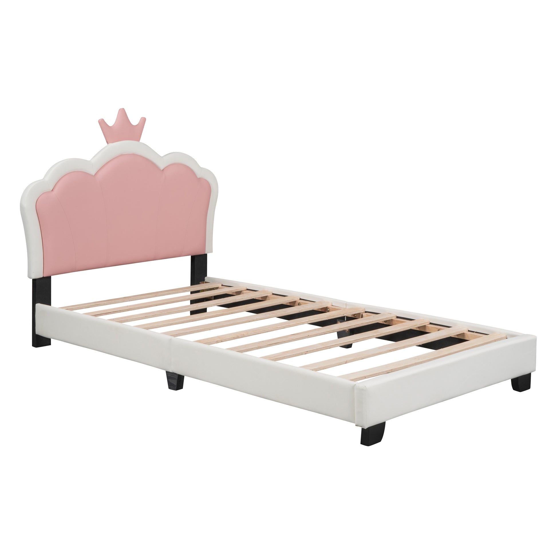 Twin Size Upholstered Princess Bed With Crown Headboard,Twin Size Platform Bed With Headboard And Footboard, White Pink Old Sku:Wf303336Aak Twin White Pu
