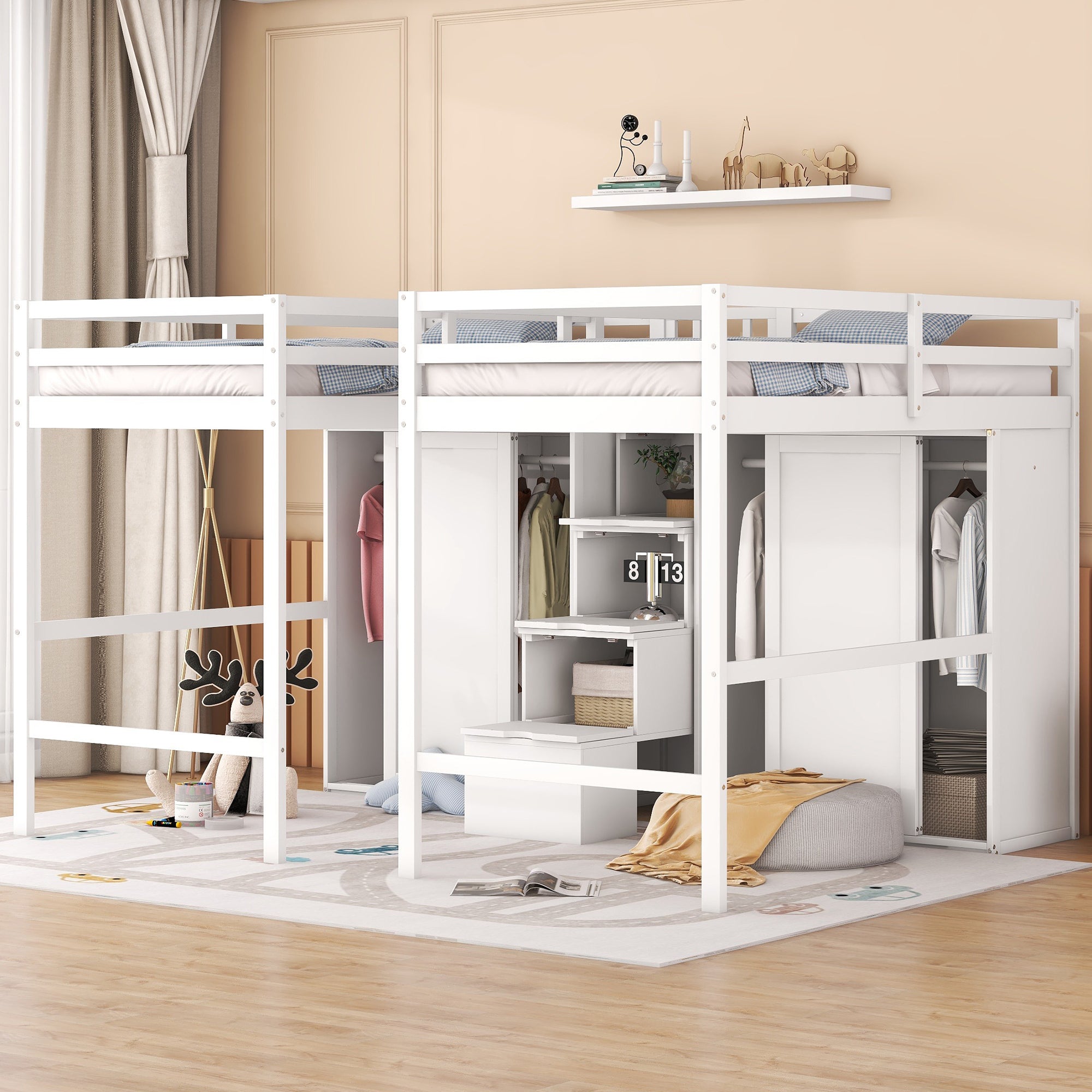 Double Twin Loft Beds With Wardrobes And Staircase, White White Solid Wood Mdf