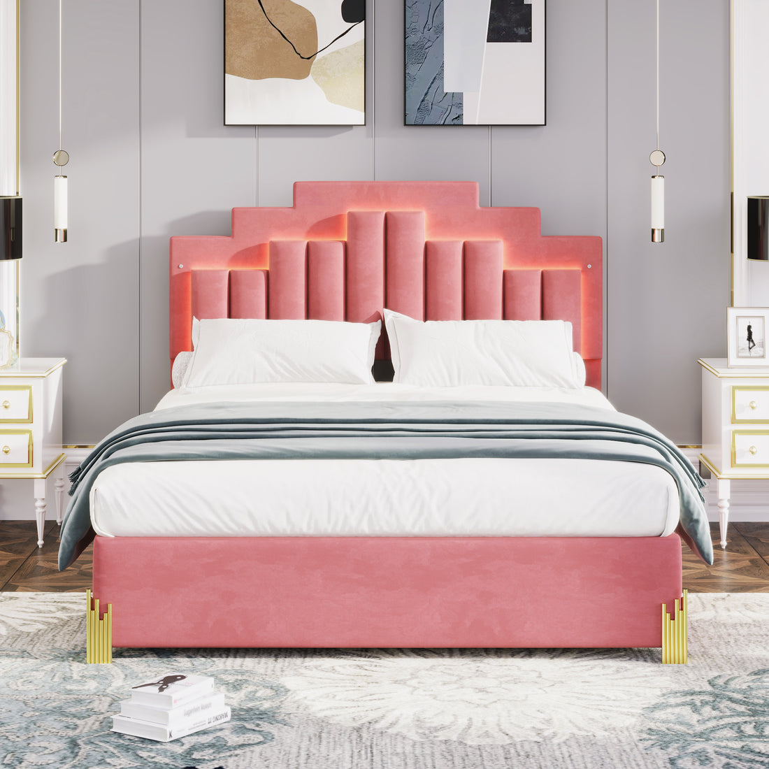 Queen Size Upholstered Platform Bed With Led Lights And 4 Drawers, Stylish Irregular Metal Bed Legs Design, Pink Pink Velvet