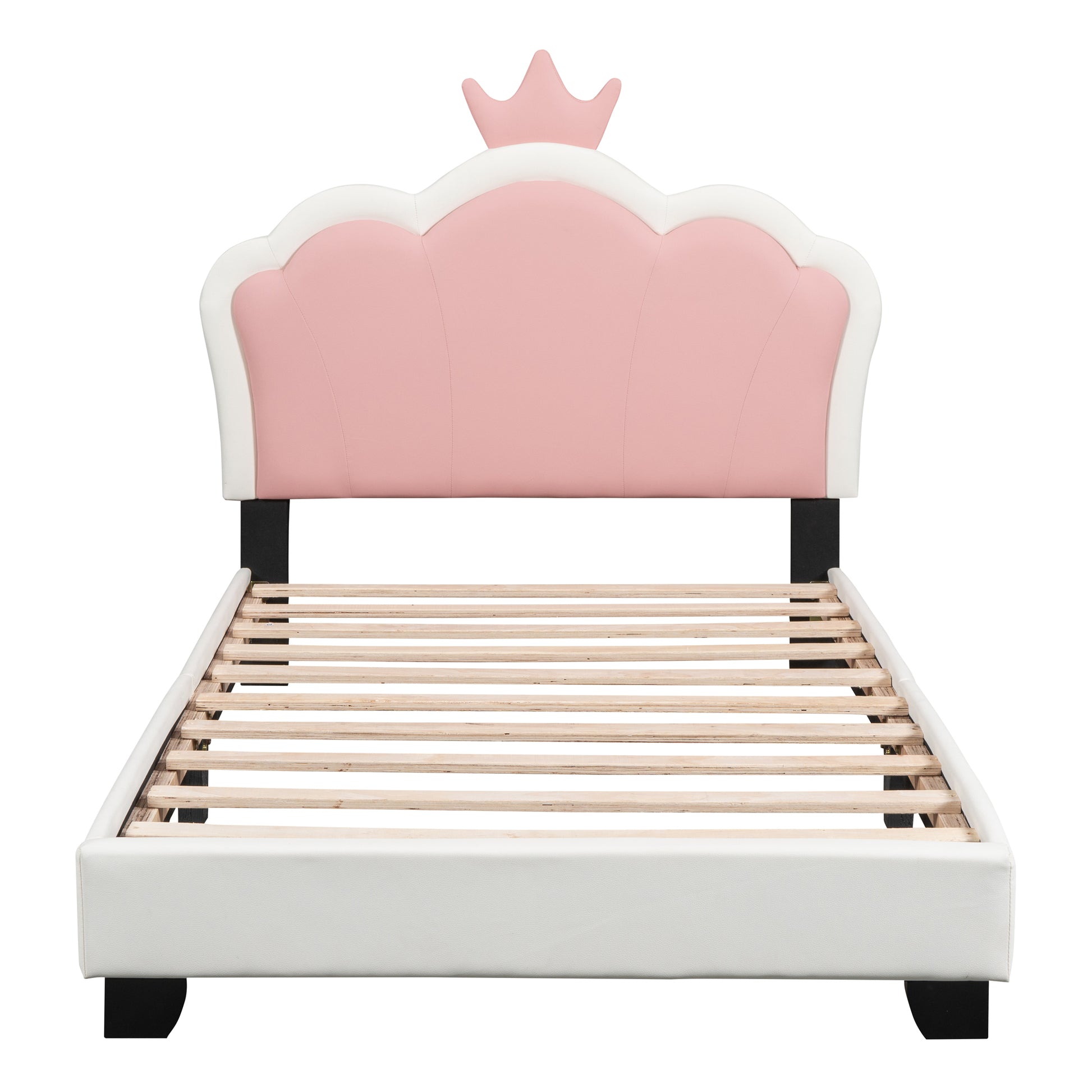 Twin Size Upholstered Princess Bed With Crown Headboard,Twin Size Platform Bed With Headboard And Footboard, White Pink Old Sku:Wf303336Aak Twin White Pu