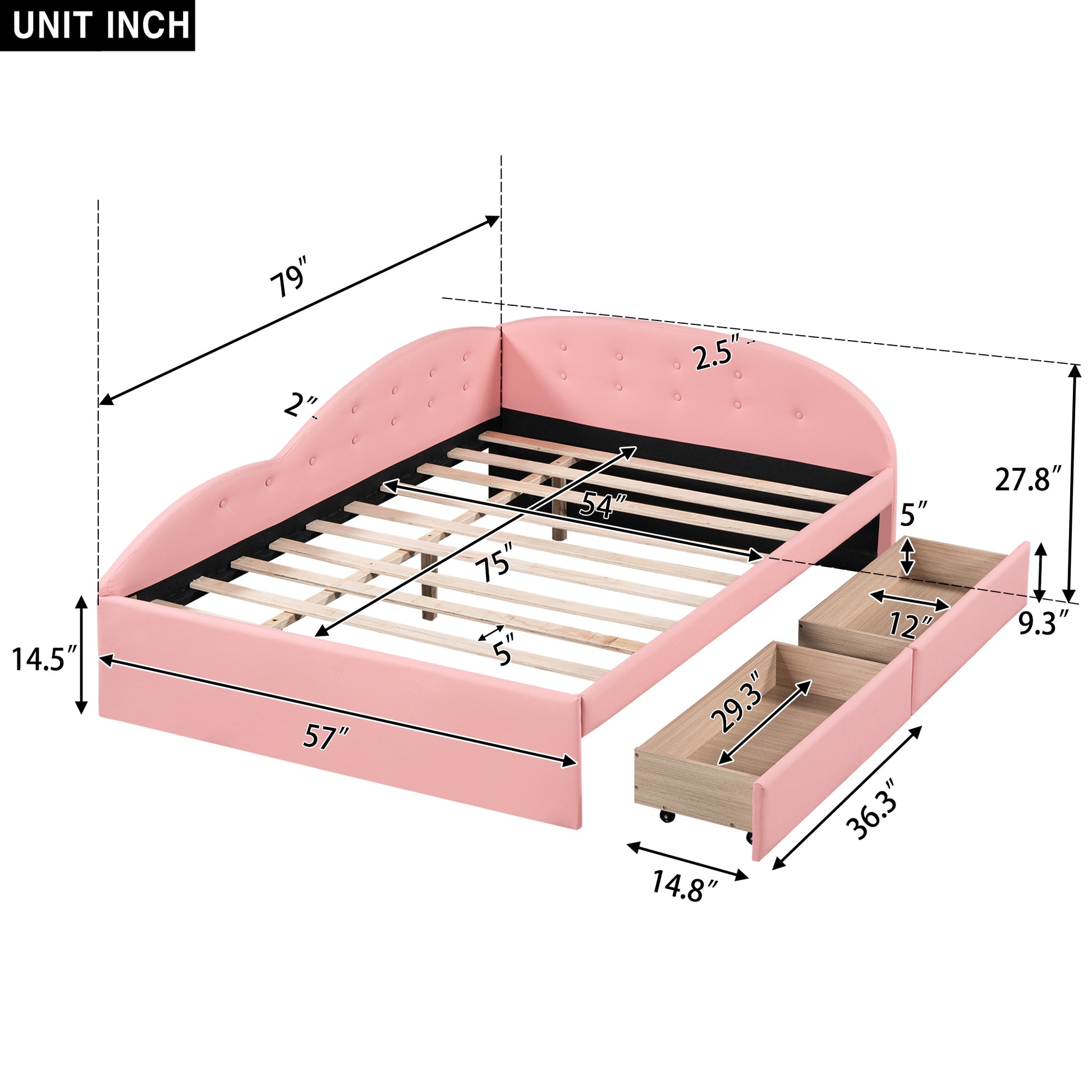 Full Size Pu Upholstered Tufted Daybed With Two Drawers And Cloud Shaped Guardrail, Pink Box Spring Not Required Full Pink Wood Faux Leather Upholstered