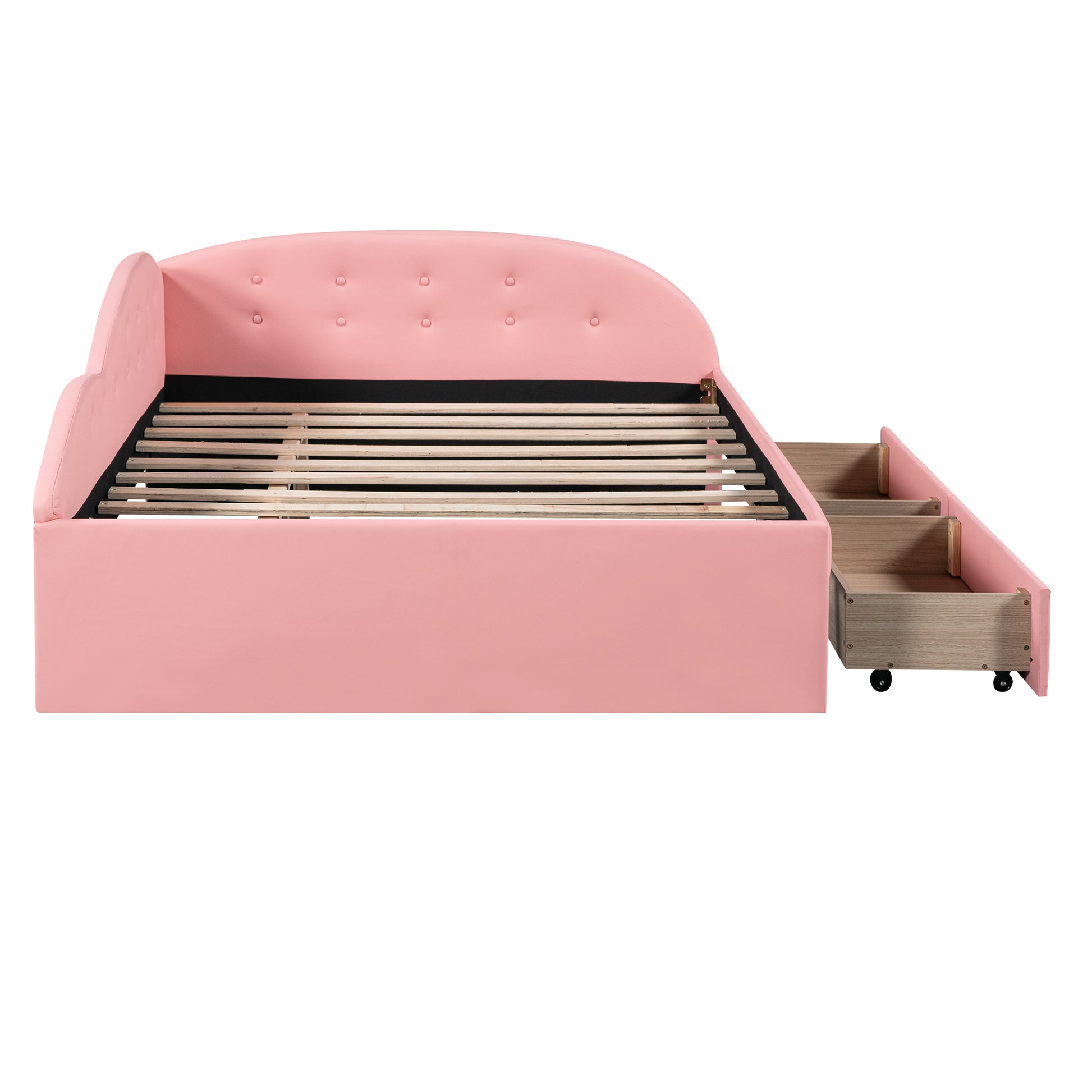 Full Size Pu Upholstered Tufted Daybed With Two Drawers And Cloud Shaped Guardrail, Pink Box Spring Not Required Full Pink Wood Faux Leather Upholstered