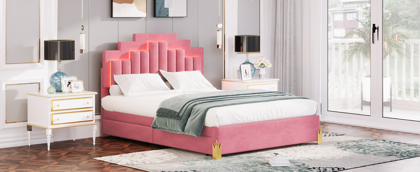 Queen Size Upholstered Platform Bed With Led Lights And 4 Drawers, Stylish Irregular Metal Bed Legs Design, Pink Pink Velvet