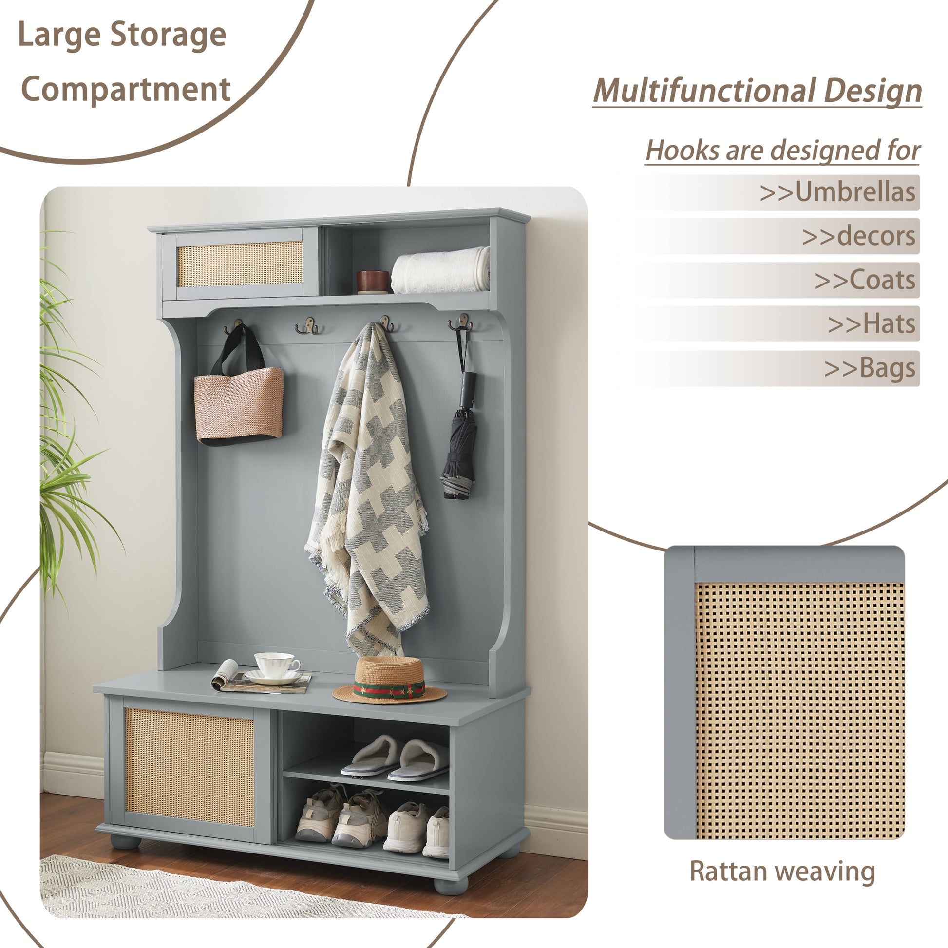 Casual Style Hall Tree Entryway Bench With Rattan Door Shelves And Shoe Cabinets, Solid Wood Feet, Gray, 40.16"W*18.58"D*64.17"H Gray Mdf