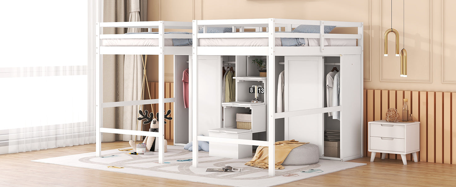 Double Twin Loft Beds With Wardrobes And Staircase, White White Solid Wood Mdf