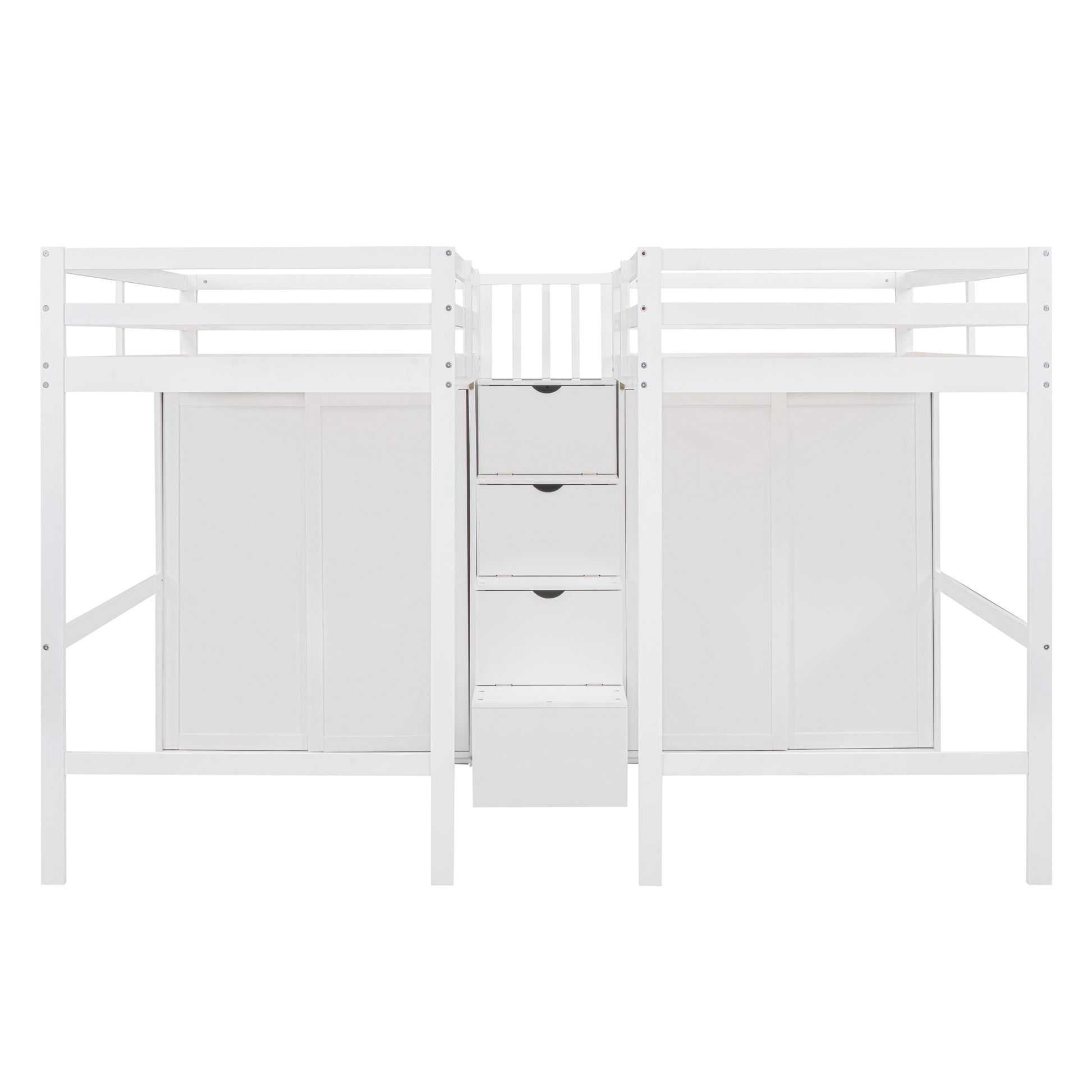 Double Twin Loft Beds With Wardrobes And Staircase, White White Solid Wood Mdf