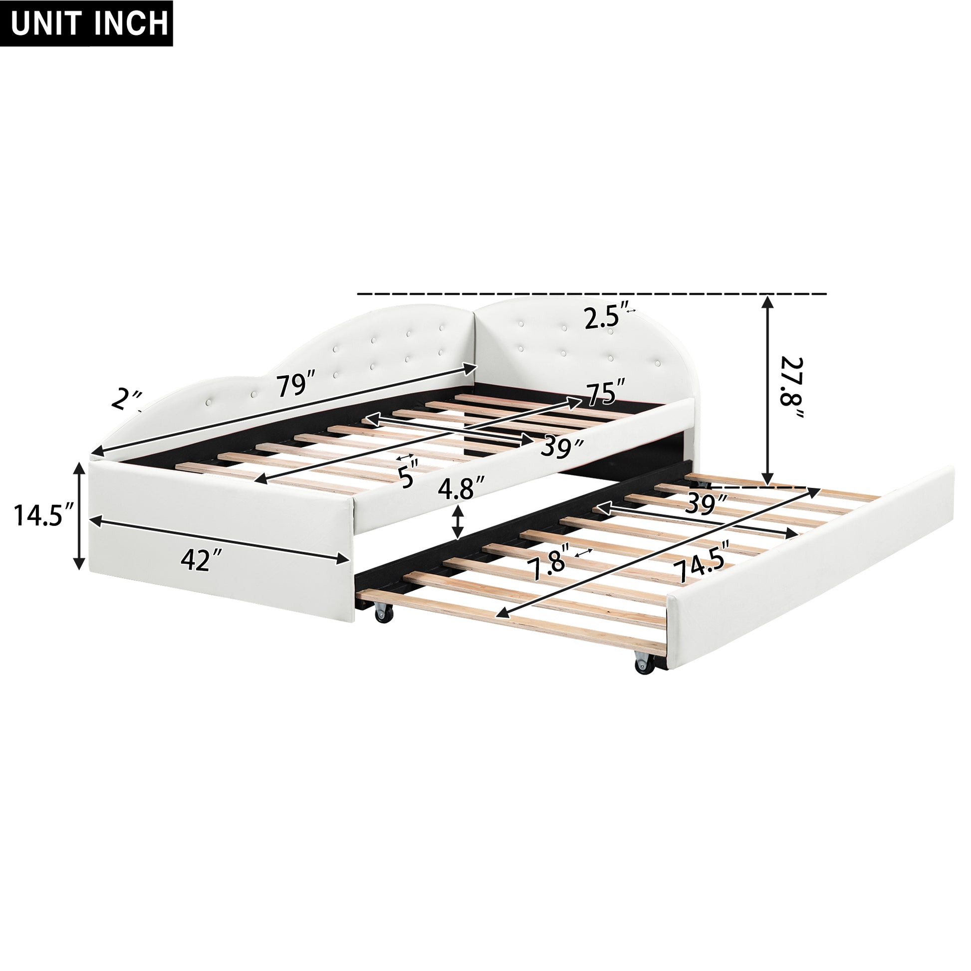 Twin Size Pu Upholstered Tufted Daybed With Trundle And Cloud Shaped Guardrail, White Box Spring Not Required Twin White Wood Faux Leather Upholstered