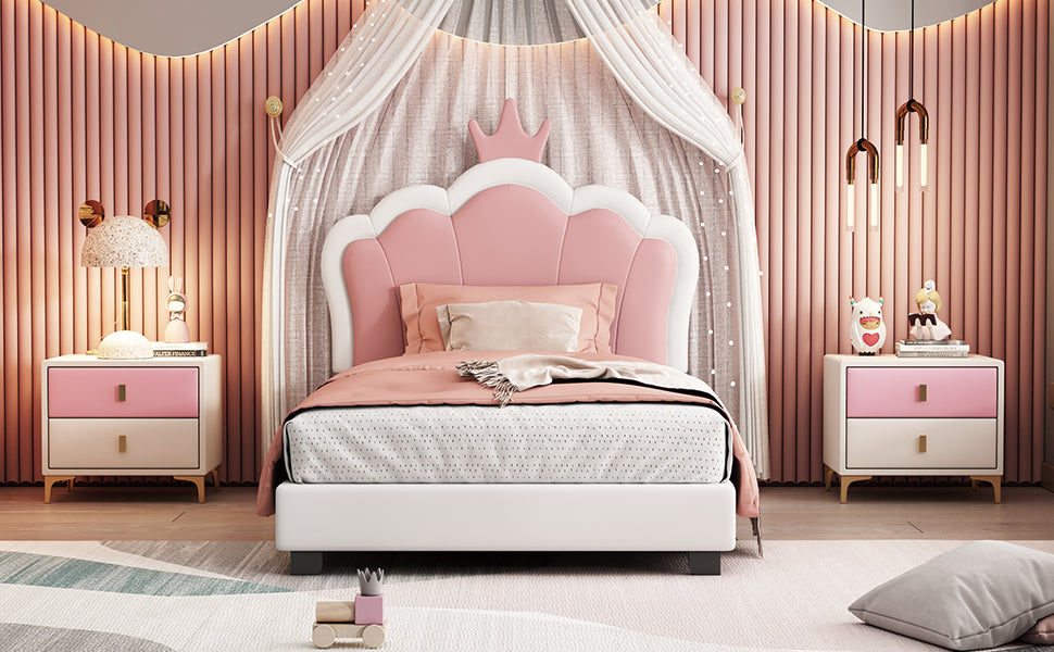 Twin Size Upholstered Princess Bed With Crown Headboard,Twin Size Platform Bed With Headboard And Footboard, White Pink Pink Pu