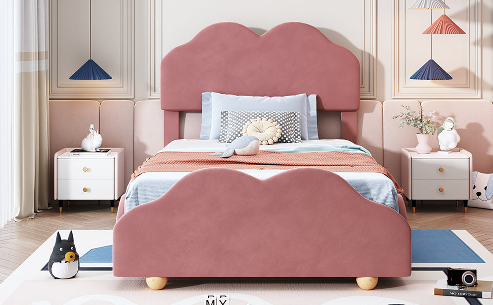 Twin Size Upholstered Platform Bed With Cloud Shaped Bed Board, Dark Pink Dark Pink Velvet