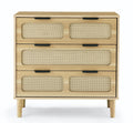 3 Drawer Dresser, Modern Rattan Dresser Cabinet With Wide Drawers And Metal Handles, Farmhouse Wooden Storage Chest Of Drawers For Room, Living Room, Hallway, Entrance, Office Natural Wood Solid Wood Mdf