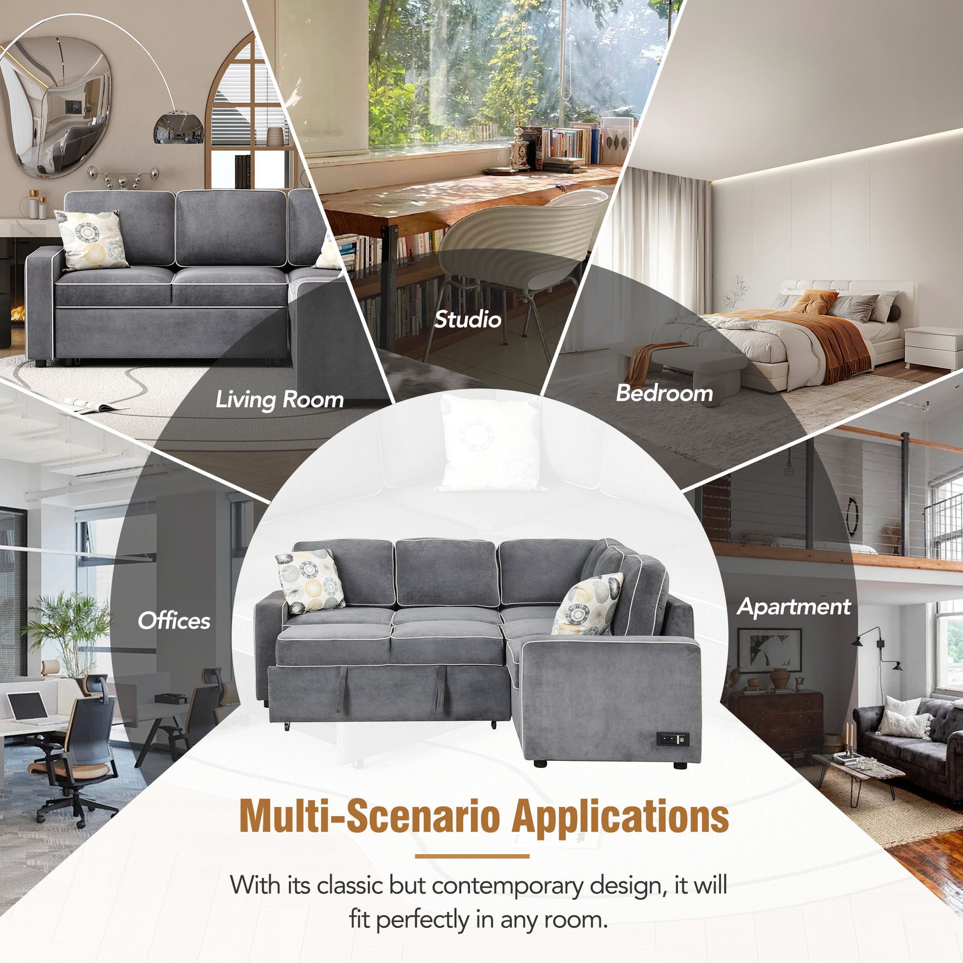 83" L Shaped Pull Out Sofa Bed Modern Convertible Sleeper Sofa With 2 Usb Ports, 2 Power Sockets And 3 Pillows For Living Room, Bedroom, Office, Gray Gray Foam Linen