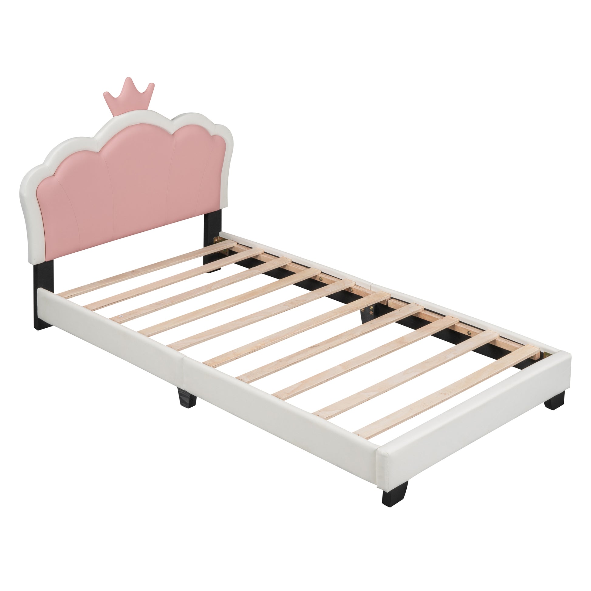 Twin Size Upholstered Princess Bed With Crown Headboard,Twin Size Platform Bed With Headboard And Footboard, White Pink Old Sku:Wf303336Aak Twin White Pu